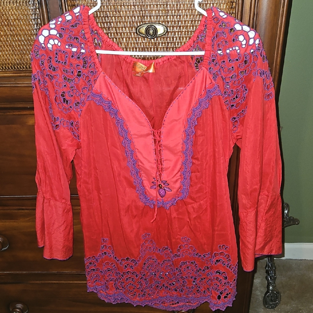 Hale Bob Women's Red Top W/ Purple Lace Accents Medium